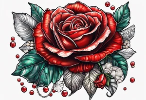 Red rose with hanging pearls and seashell tattoo idea