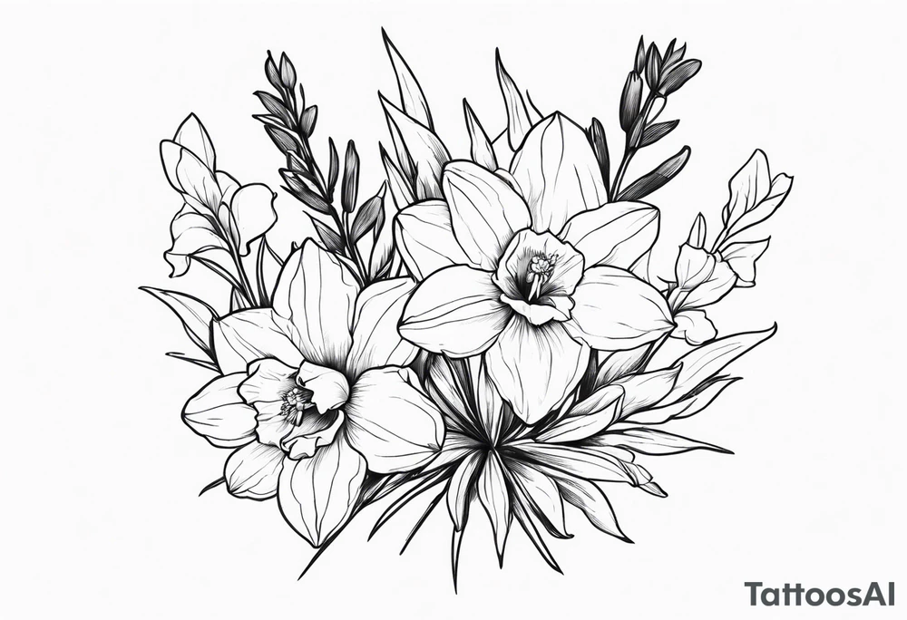 Larkspur flower, narcissus flower bouquet tattoo idea