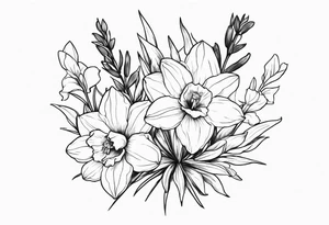 Larkspur flower, narcissus flower bouquet tattoo idea