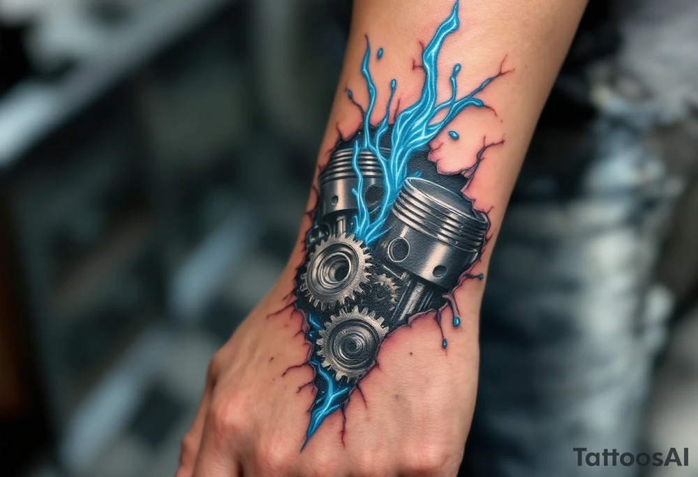 This full-hand design features torn skin revealing chrome gears and pistons with icy blue wiring. tattoo idea