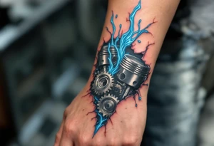 This full-hand design features torn skin revealing chrome gears and pistons with icy blue wiring. tattoo idea