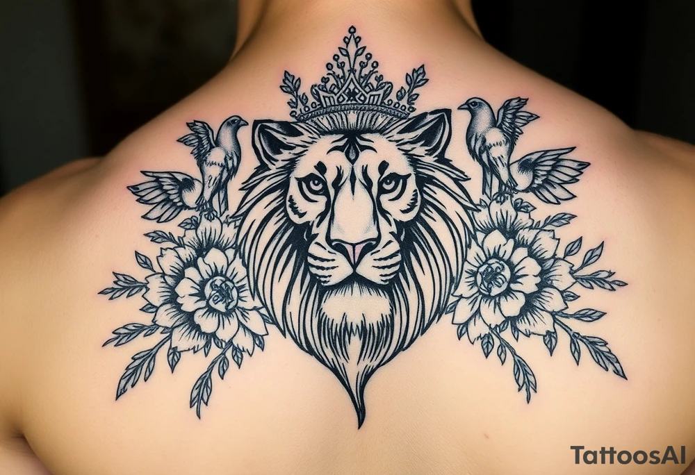 powerful majestic lion with a crown, surrounded by floral ornaments and birds tattoo idea