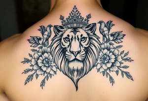 powerful majestic lion with a crown, surrounded by floral ornaments and birds tattoo idea