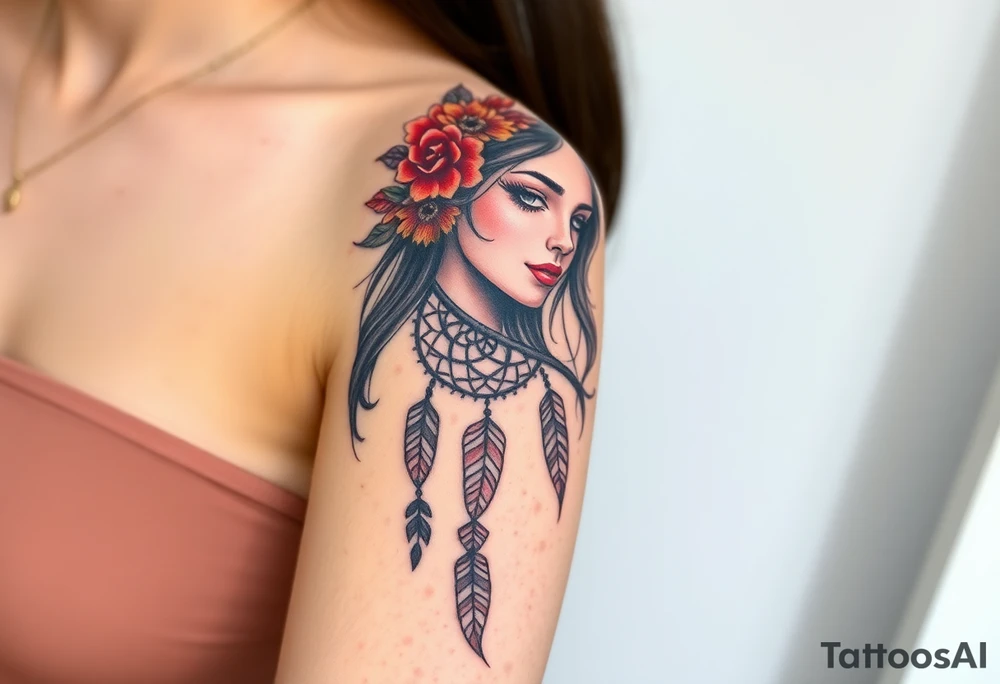 Half sleeve on arm. I already have a girl with flower crown in my shoulder and upper outer arm. Add a dream catcher and Catrina face. Use black and red ink. tattoo idea