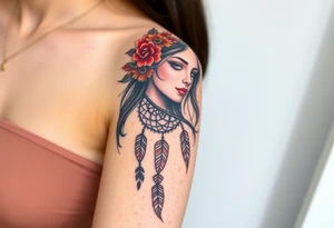 Half sleeve on arm. I already have a girl with flower crown in my shoulder and upper outer arm. Add a dream catcher and Catrina face. Use black and red ink. tattoo idea