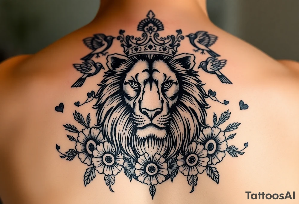 powerful majestic lion with a crown, surrounded by floral ornaments and birds tattoo idea