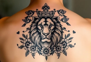 powerful majestic lion with a crown, surrounded by floral ornaments and birds tattoo idea