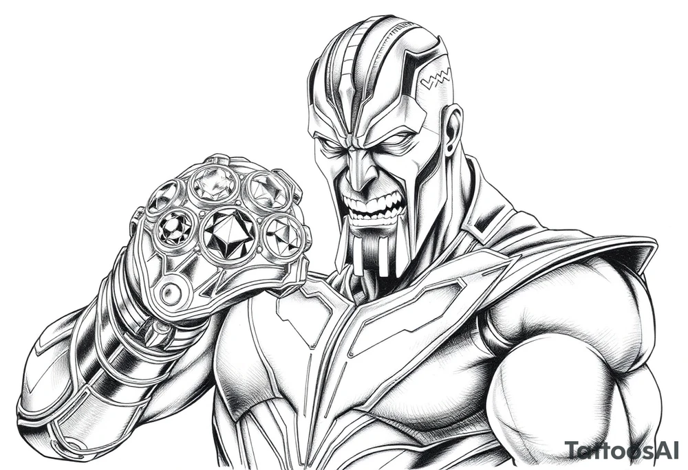 thanos with infinity gaulet filled with infinity stones fighting avengers tattoo idea