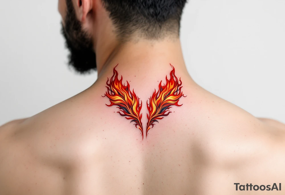 Matching red and orange flame tattoo on each shoulders. tattoo idea