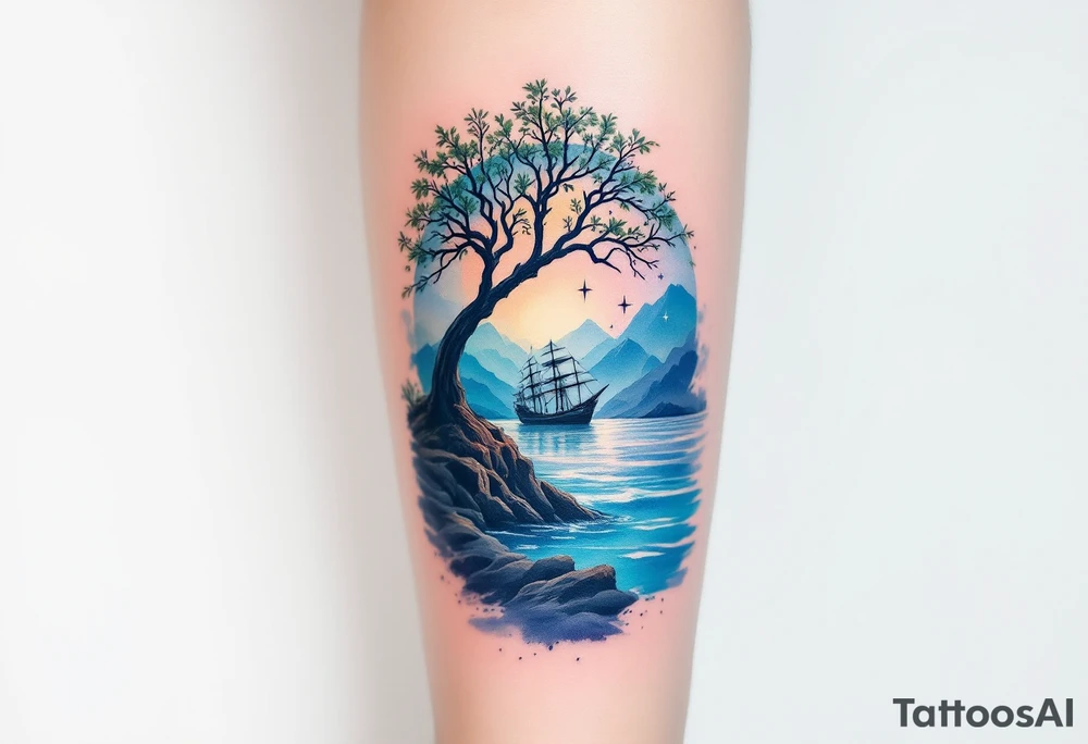 tattoo that has an acacia tree with mountains, ocean with a ship wreck and the northern star tattoo idea