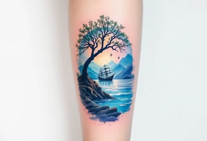 tattoo that has an acacia tree with mountains, ocean with a ship wreck and the northern star tattoo idea