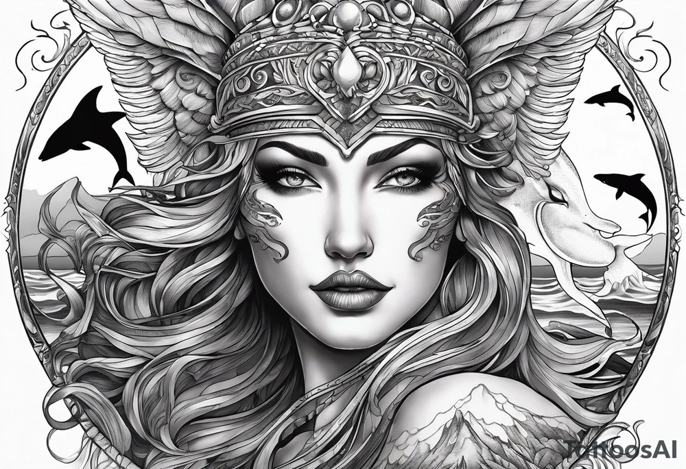 tattoo with a sexy, beautiful, and warrior Goddess Nyx, the goddess of night, who Zeus fears.  She has one white wing and one black wing, like an angel, representing both love and death, and is surrounded by the ocean with sharks, orcas, whale sharks, and octopus. tattoo idea