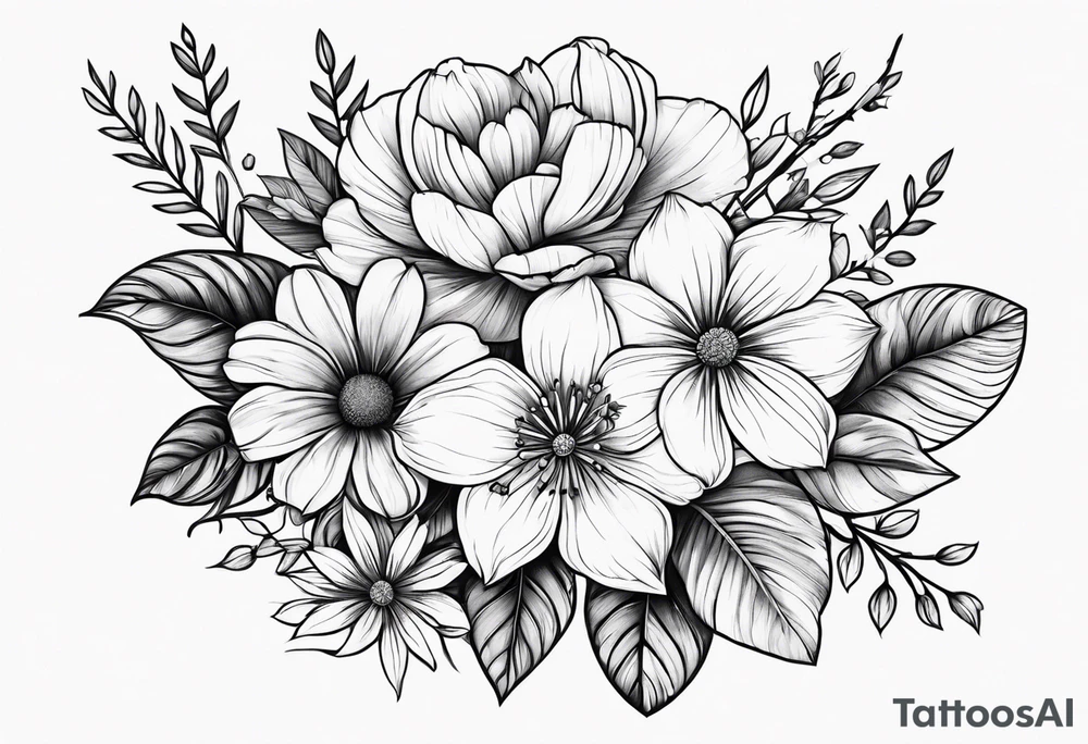 Flower bouquet with 5 flowers tattoo idea