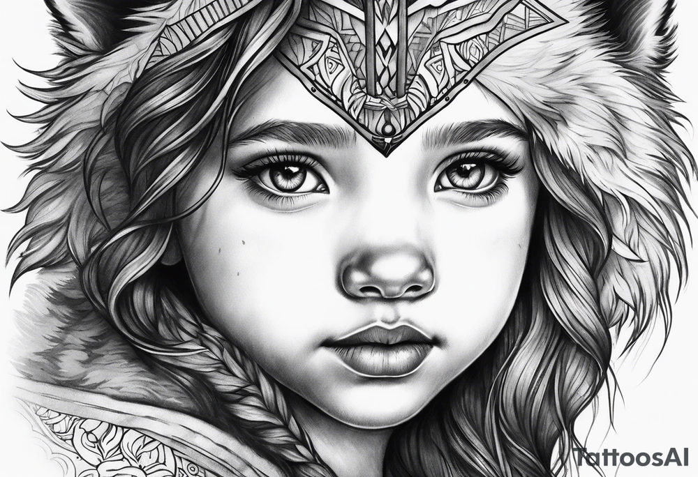 Half girl toddler face half wolf face tattoo idea