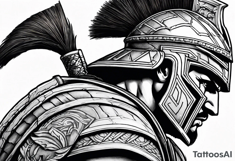 Side profile of spartan soilder with ancient ruins in background tattoo idea