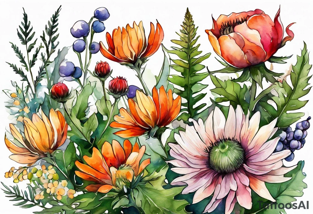 wildflowers with thistles, ferns, white flowers, cream flowers, sun flowers, orange flowers, green flowers, pink flowers, red flowers, berries and all in watercolor tattoo idea