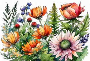 wildflowers with thistles, ferns, white flowers, cream flowers, sun flowers, orange flowers, green flowers, pink flowers, red flowers, berries and all in watercolor tattoo idea