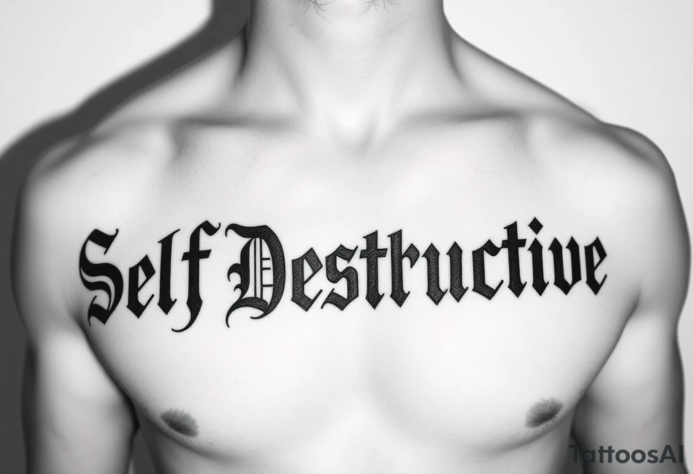 The words Self Destructive in a Chicano/old english font lettering across the chest tattoo idea
