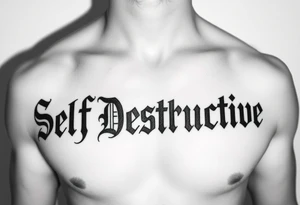 The words Self Destructive in a Chicano/old english font lettering across the chest tattoo idea