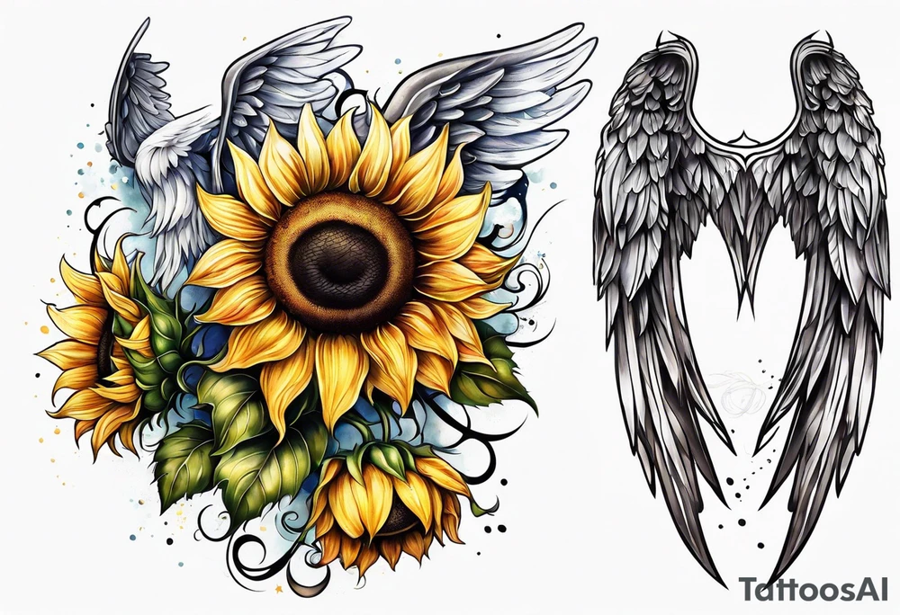 Sunflowers and angel wings leg sleeve tattoo idea