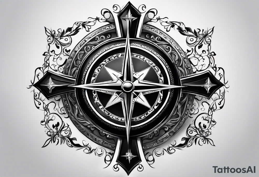 Black cross with compass in the middle with chain wrapped around it tattoo idea
