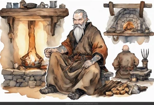 a 55-year-old large Norseman with a grey beard wearing a brown and black tunic sitting by a hearth with his hand on a large boar tattoo idea