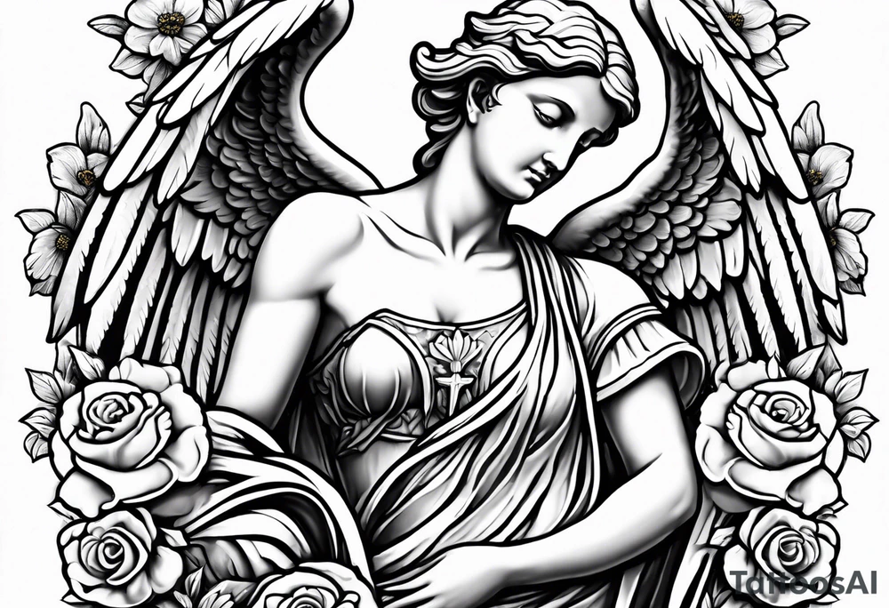 Simple Angel statue stood on a rock with daffodils and roses wrapped around its legs tattoo idea