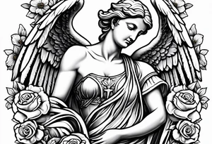 Simple Angel statue stood on a rock with daffodils and roses wrapped around its legs tattoo idea