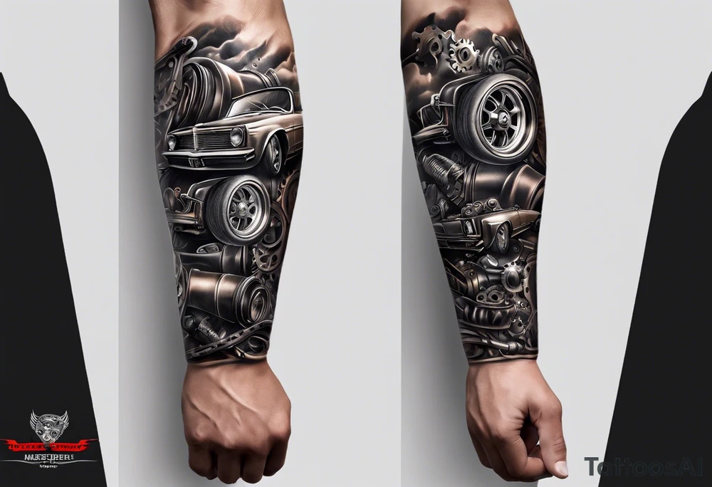 a new sketch for the hand sleeve tattoo featuring car parts. Here’s a detailed breakdown:

Design Elements:

	1.	Engine Block: Central feature.
	2.	Gears and Pistons: Surrounding and interlocking.
	3.	Wrenches and Tools: Adding mechanical details.
	4.	Exhaust Pipes: Curving for movement.
	5.	Speedometer and Gauges: Indicating performance.
	6.	Spark Plugs and Nuts: Scattered for detail. tattoo idea