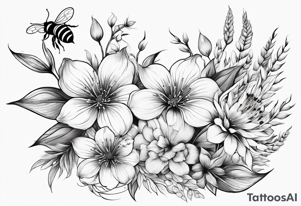 Arm wrap floral dainty soft leaves with bee dragonflower, wheat tattoo idea