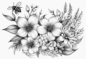 Arm wrap floral dainty soft leaves with bee dragonflower, wheat tattoo idea