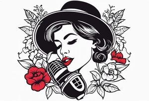 lips singing old school vintage traditional
flowers around and mouth next to microphone
bold and colorful simple design tattoo idea