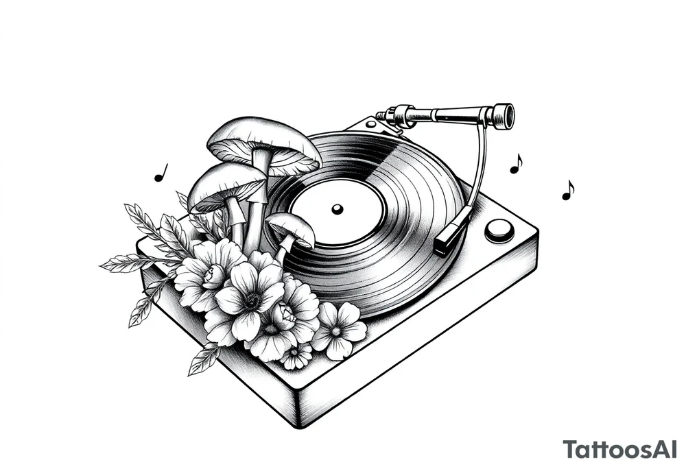 vinyl record player with mushrooms, flowers, and music notes around it tattoo idea