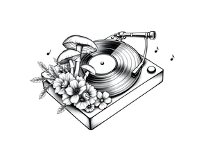 vinyl record player with mushrooms, flowers, and music notes around it tattoo idea