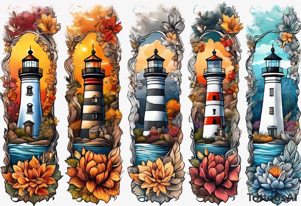 Arm sleeve with fall colors, various flowers, water flow, water splash, light house tattoo idea