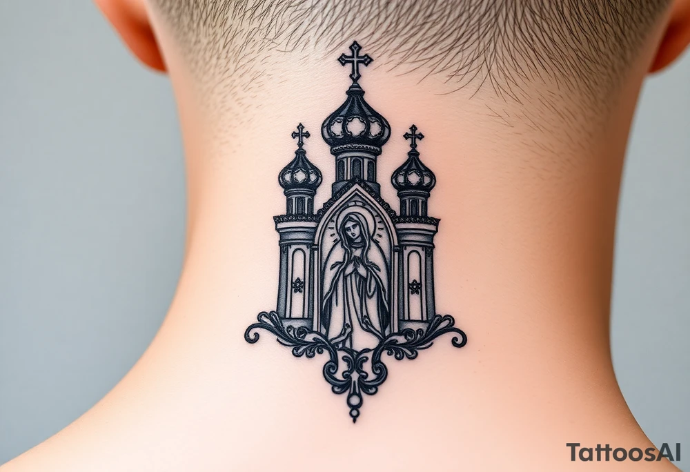 medium traditional russian orthodox church with a russian coat arms and virgin mary tattoo idea