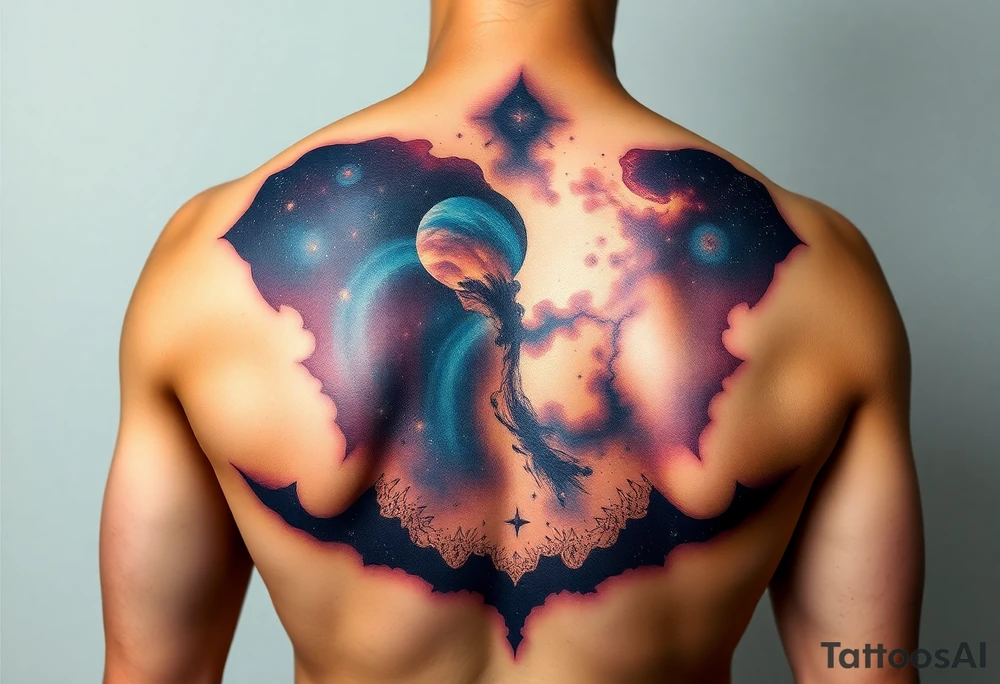 Beautiful and epic 3d milky way that appears to be what is beneath the skin. Make it drape over the shoulder and move to the middle back. use negative spaces to create stars and dust. Incorporate God breathing life into the universe. Keep it symmetrical tattoo idea