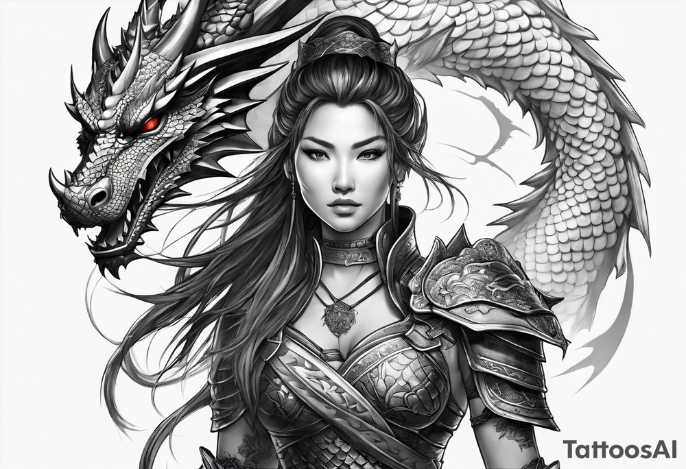 beautiful warrior woman wearing dragon armor and a dragon flying tattoo idea