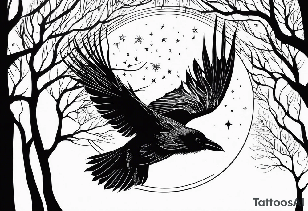 Raven in flight, upsidedown, knowing, light behind its eyes, ethereal, moon stars and trees in the background tattoo idea