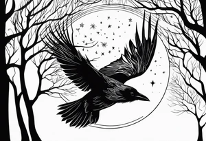 Raven in flight, upsidedown, knowing, light behind its eyes, ethereal, moon stars and trees in the background tattoo idea