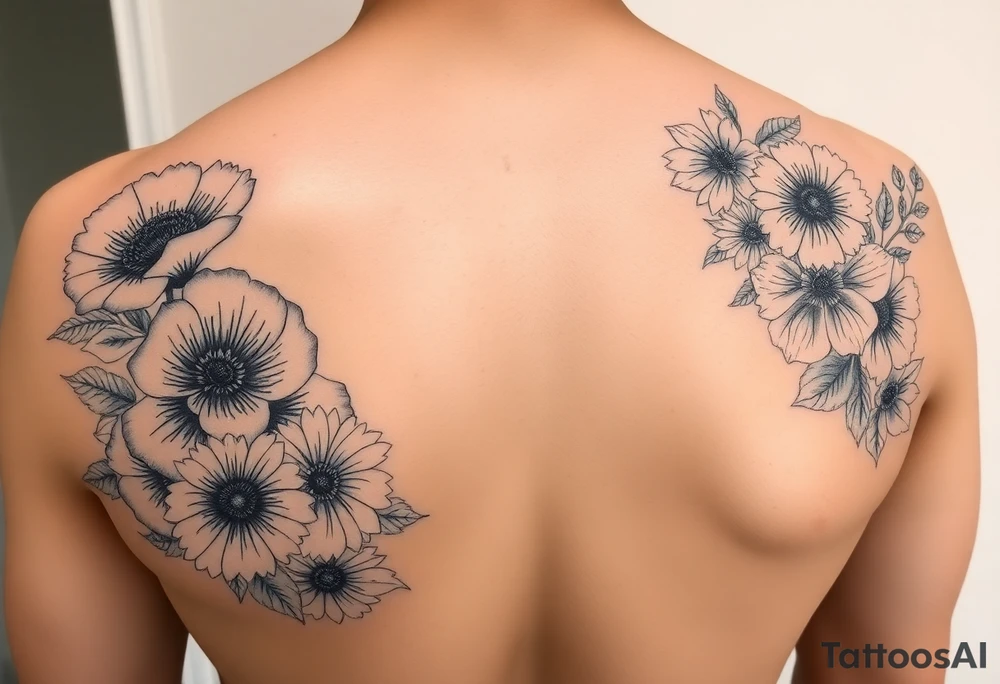 poppy, gladiolus, holly, narcissistic, poinsettia, daisy, and sweet pea sleeve tattoo tattoo idea