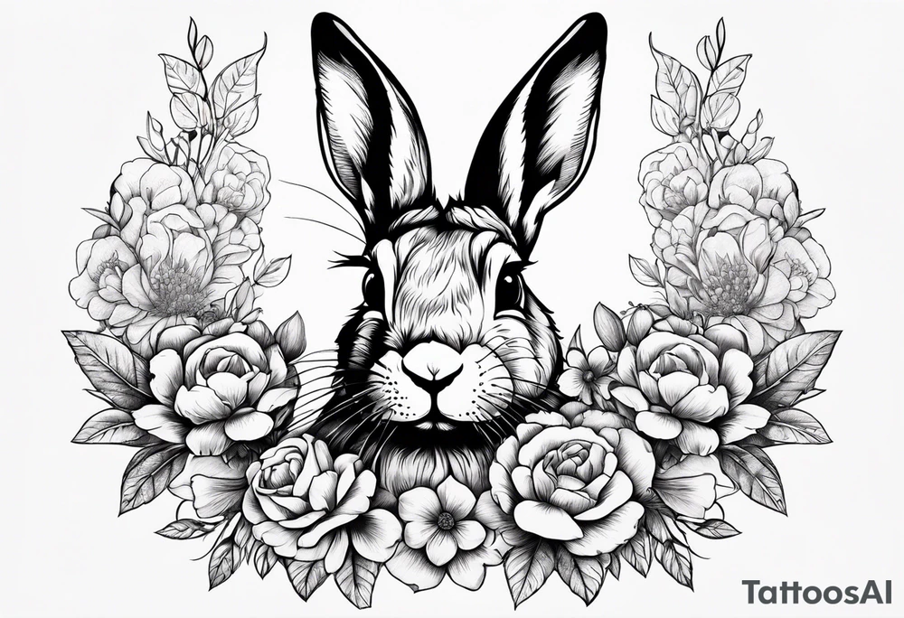 Rabbit head with flowers around it tattoo idea