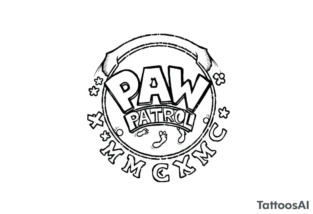Paw Patrol Badge with footprints chasing letters KMC around the outside staggered tattoo idea