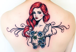 Old school Traditional pin up girl with red hair and blue eyes and wearing a milkmaid maid style dress with blue flowers on dress tattoo idea
