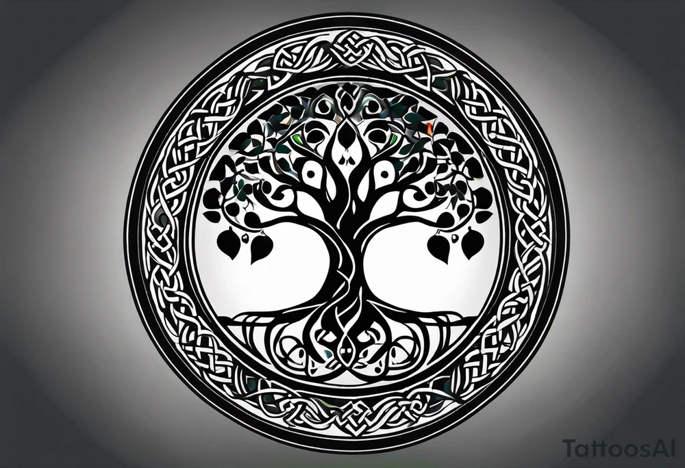 Design a tattoo that combines a Celtic tree of life, with mandala patterns. The leaves of the tree also follow a mandala pattern. The colours of the patterns and tree form an abstract yin-yang. The upper part of the tree has white background and is dark/black and the bottom part has dark background while the tree and patterns are white, making it look like a yin-yang. The two circles of the yin-yang are leaves of the tree and represent lotus flowers. tattoo idea
