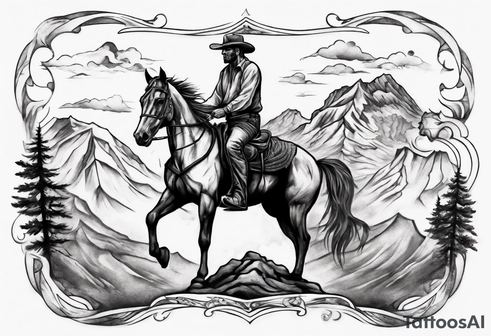 man on horse facing me, with mountain range behind him tattoo idea