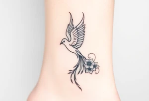 a delicate phoenix, with some flowers tattoo idea