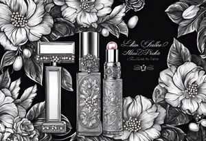 1950s perfume bottle and 1950s lipstick tube wrapped with pearls, hair bows, flowers, and lace. tattoo idea
