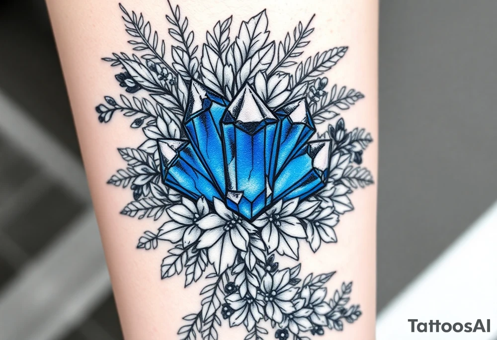 cluster of three vibrant blue crystals interwoven between foliage so that it looks like the leaves and foliage and flowers are weaving in and out and wrapping around the crystals. 

Surround these with a dense arrangement of black-and-grey foliage, flowers, and shrubs. The crystals should be faceted, standing out vividly in blue against the surrounding monochrome elements.

Integrate additional smaller crystal clusters (each with 3–4 crystals) throughout the foliage, but render these in fine black-and-grey linework so they blend naturally with the botanical elements. Use dotwork and fine shading for depth, with clean linework that balances organic foliage with the sharp geometry of the crystals.

All elements are black and grey except the main central crystal cluster, which is a striking blue. tattoo idea