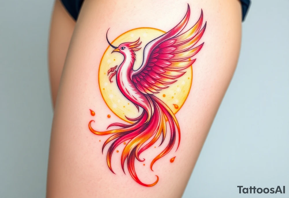 magnificent phoenix rising from flames with trailing embers pinks golds orange and yellows with a golden sunset and sky backdrop tattoo idea